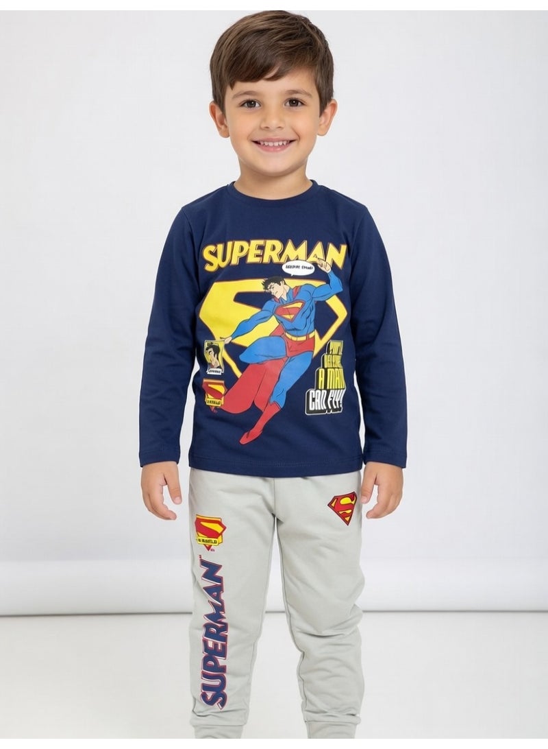 سوبر مان سوبرمان | طقم تيشيرت وبنطال بأكمام طويلة للأولاد | كحلي - Image 3